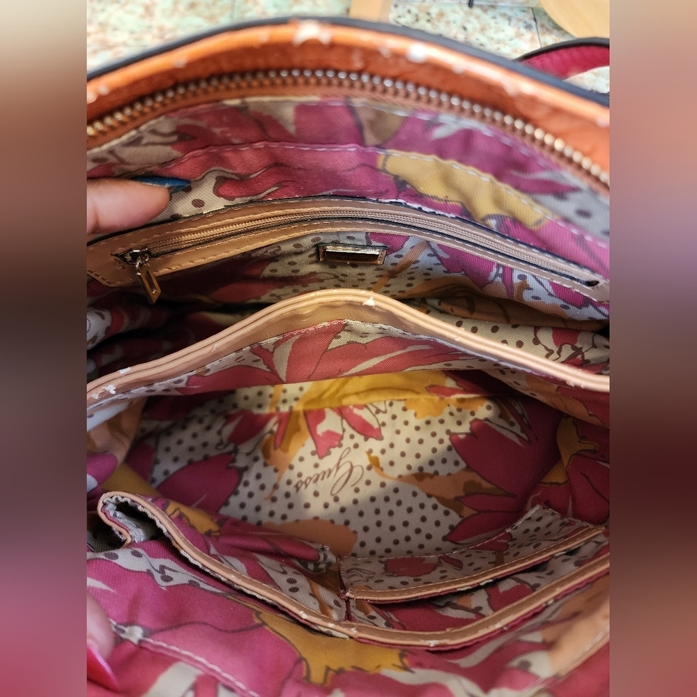 Guess Patchwork Satchel Tote Bag Pink Orange Quilted Logo - Picture 12 of 16
